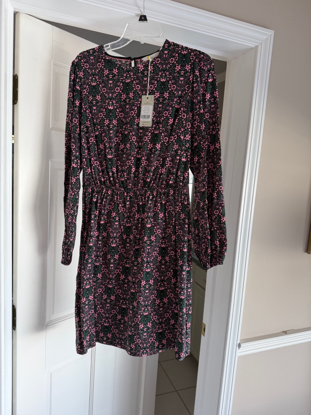 Boden Black Dress with Pink Floral Print, Long Sleeve